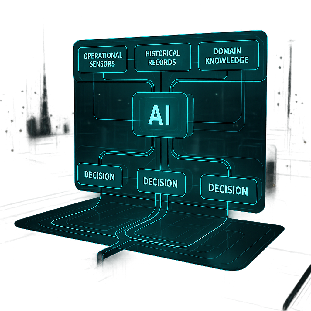 A glowing futuristic decision graph made of interconnected nodes and transparent pathways floating above an industrial plant environment Each pathway is illuminated like a circuit showing data flowing from operational sensors historical records and d-1