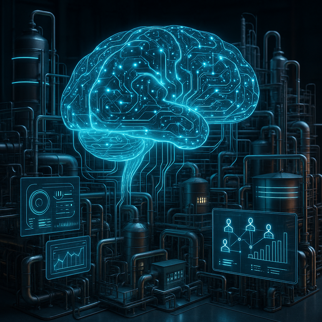 A futuristic digital brain made of glowing neural networks seamlessly integrated with an industrial plant Data streams and AI agents flow across pipelines machinery and control rooms symbolizing realtime insights and operational consistency The brain-2