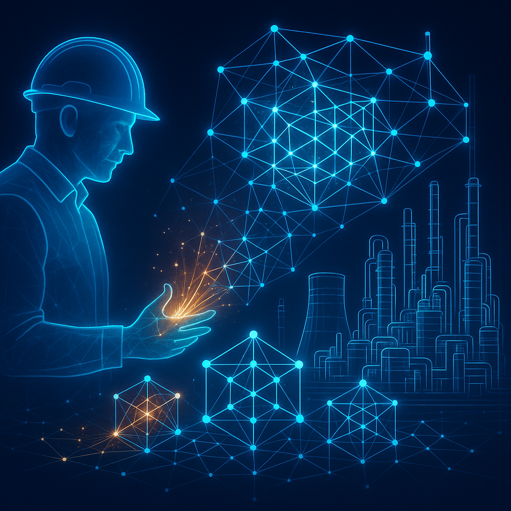 A futuristic visualization of human expertise merging with AI knowledge models an experienced engineers silhouette or hologram infusing glowing data streams with insight which then form structured geometric data models The models evolve into a living-2