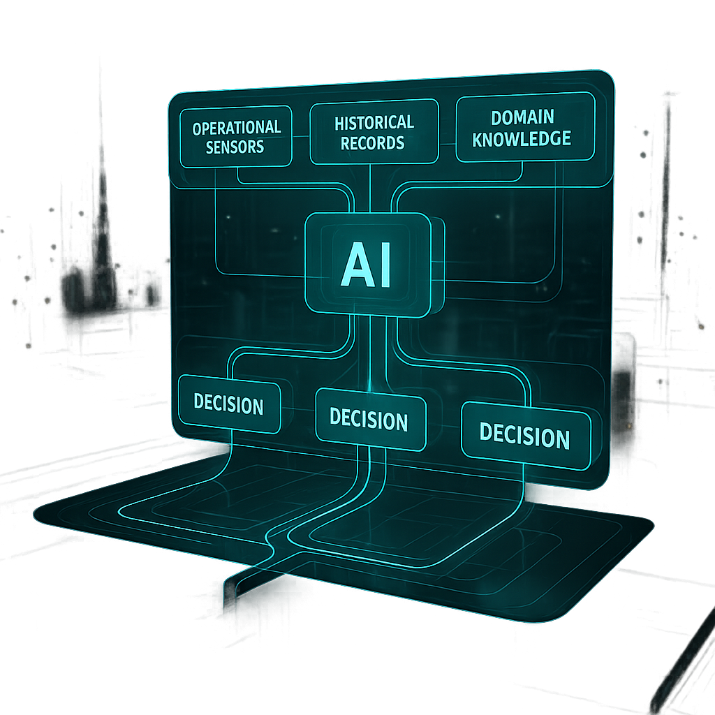 A glowing futuristic decision graph made of interconnected nodes and transparent pathways floating above an industrial plant environment Each pathway is illuminated like a circuit showing data flowing from operational sensors historical records and d-1