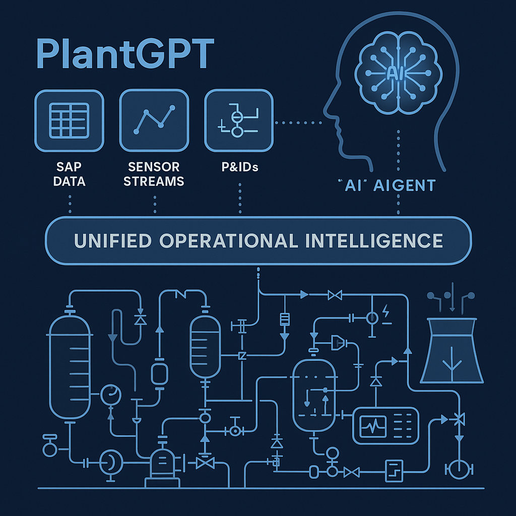 PlantGPT transforms fragmented industrial data into unified operational intelligence By seamlessly contextualizing SAP data sensor streams PIDs and maintenance logs PlantGPT empowers AI agents to perceive complex plant systems holistically This deep