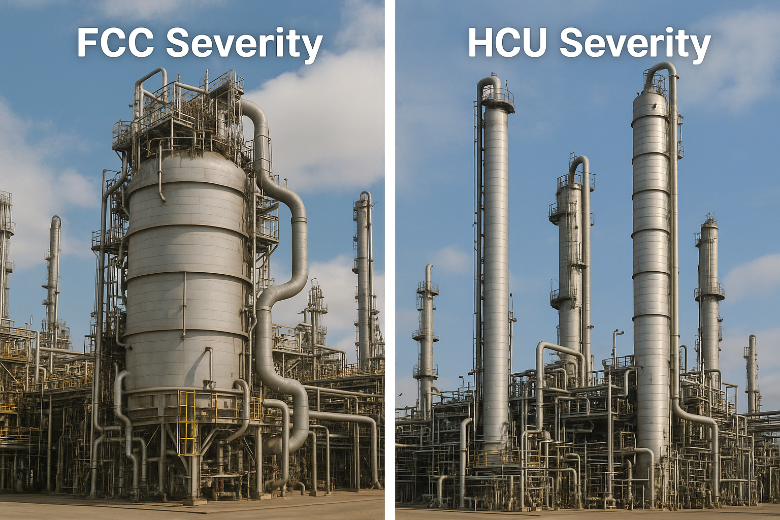 When we talk about FCC Fluid Catalytic Cracking or HCU Hydrocracking Unit severity were basically talking about how hard we run the unit  the operating intensity that drives how much cracking conversion or upgrading actually happensIn FCC  severity i-3